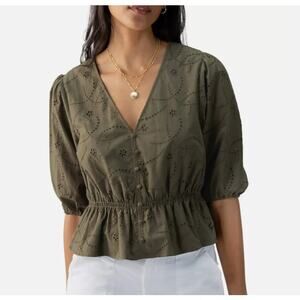 SANCTUARY TOP WOMENS SIZE XLARGE COTTON EYELET BUTTON FRONT BLOUSE GREEN NEW